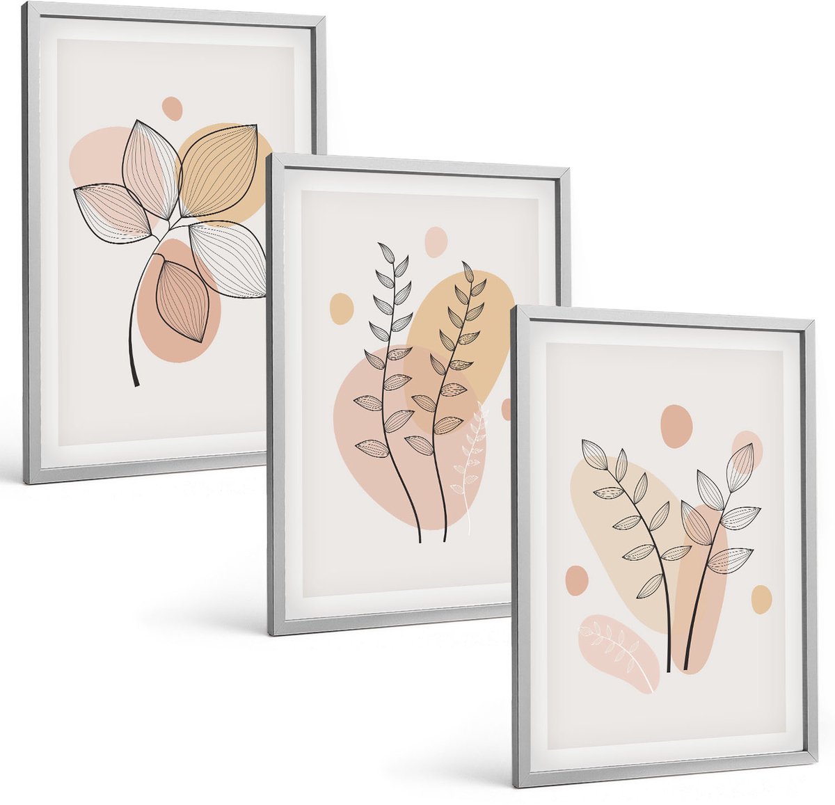 Coloray 3-Delige Schilderij Set - Minimalistische Planttekeningen In Pastelkleuren - 40 x 60 cm - Schilderijen Set - Wanddecoratie - Woonkamer - Woonkamer Decoratie
