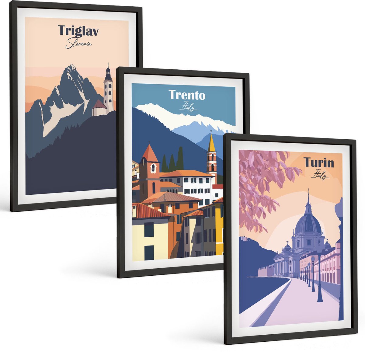 Coloray 3-Delige Schilderij Set - Bergen En Architectuur, Retro, Kleurrijke Illustraties - 40 x 60 cm - Wanddecoratie - Muurdecoratie - Moderne Interieurdecoratie - Moderne Wanddecoratie