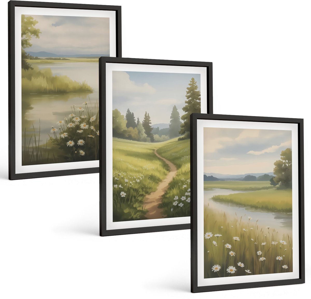 Coloray 3-Delige Schilderij Set - Lentelandschap Met Een Rivier, Pad En Bloemenweide - 40 x 60 cm - Decoratieve Muurdecoratie - Slaapkamer - Moderne Wanddecoratie