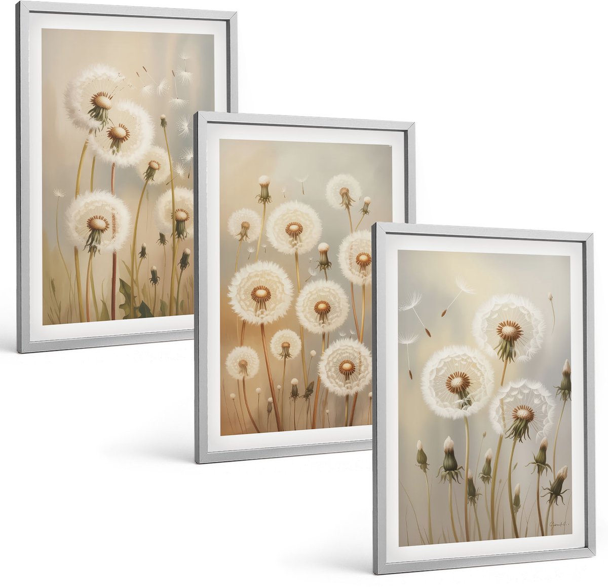 Coloray 3-Delige Schilderij Set - Witte Paardenbloemen Op Een Achtergrond Van Lichte Kleuren. - 40 x 60 cm - Wanddecoratie - Muurdecoratie - Moderne Interieurdecoratie - Interieur Decoratie