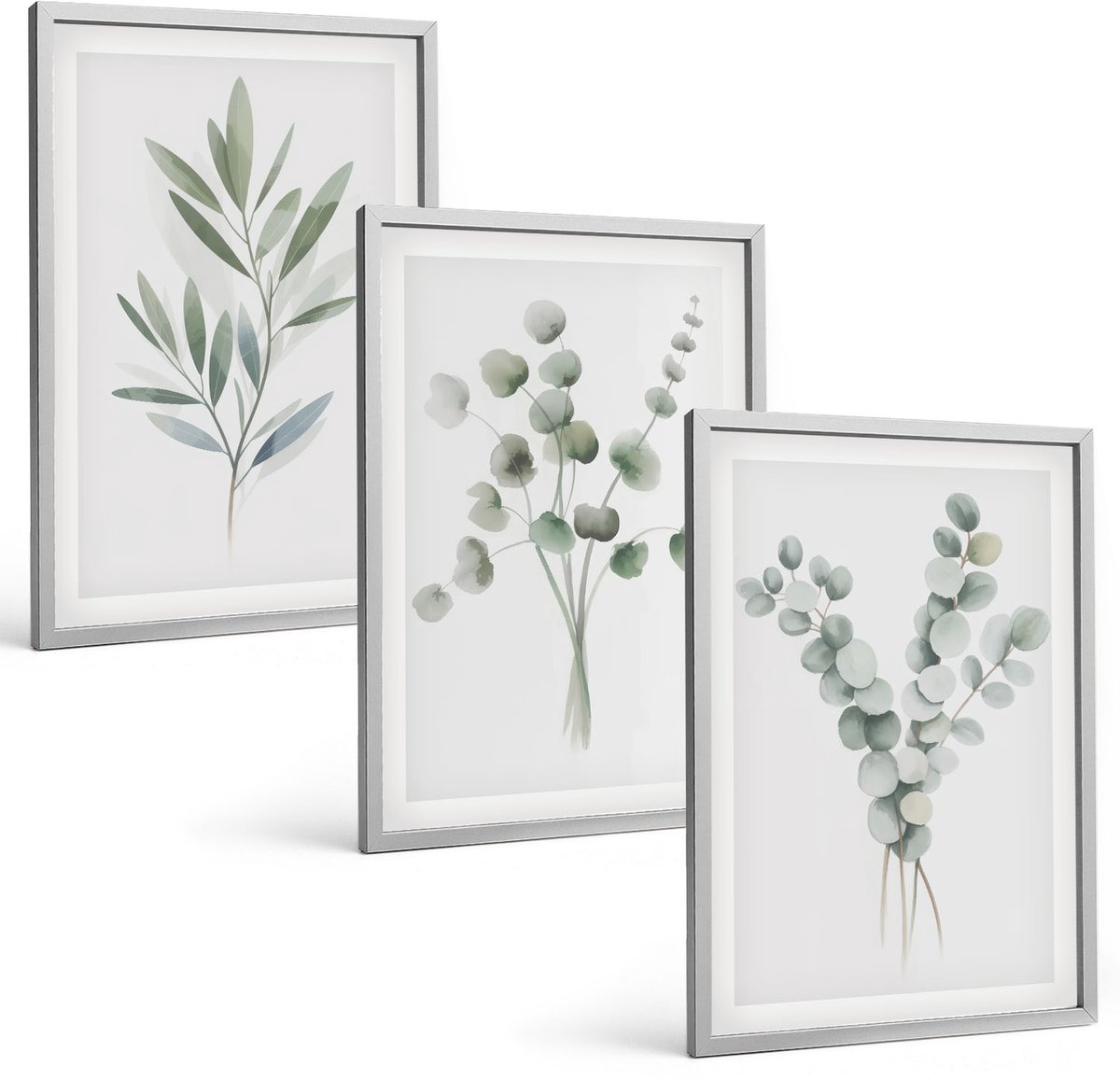 Coloray 3-Delige Schilderij Set - Plantenpatronen In Tinten Groen En Grijs - 40 x 60 cm - Wanddecoratie - Muurdecoratie - Moderne Interieurdecoratie - Decoratieve Schilderijen