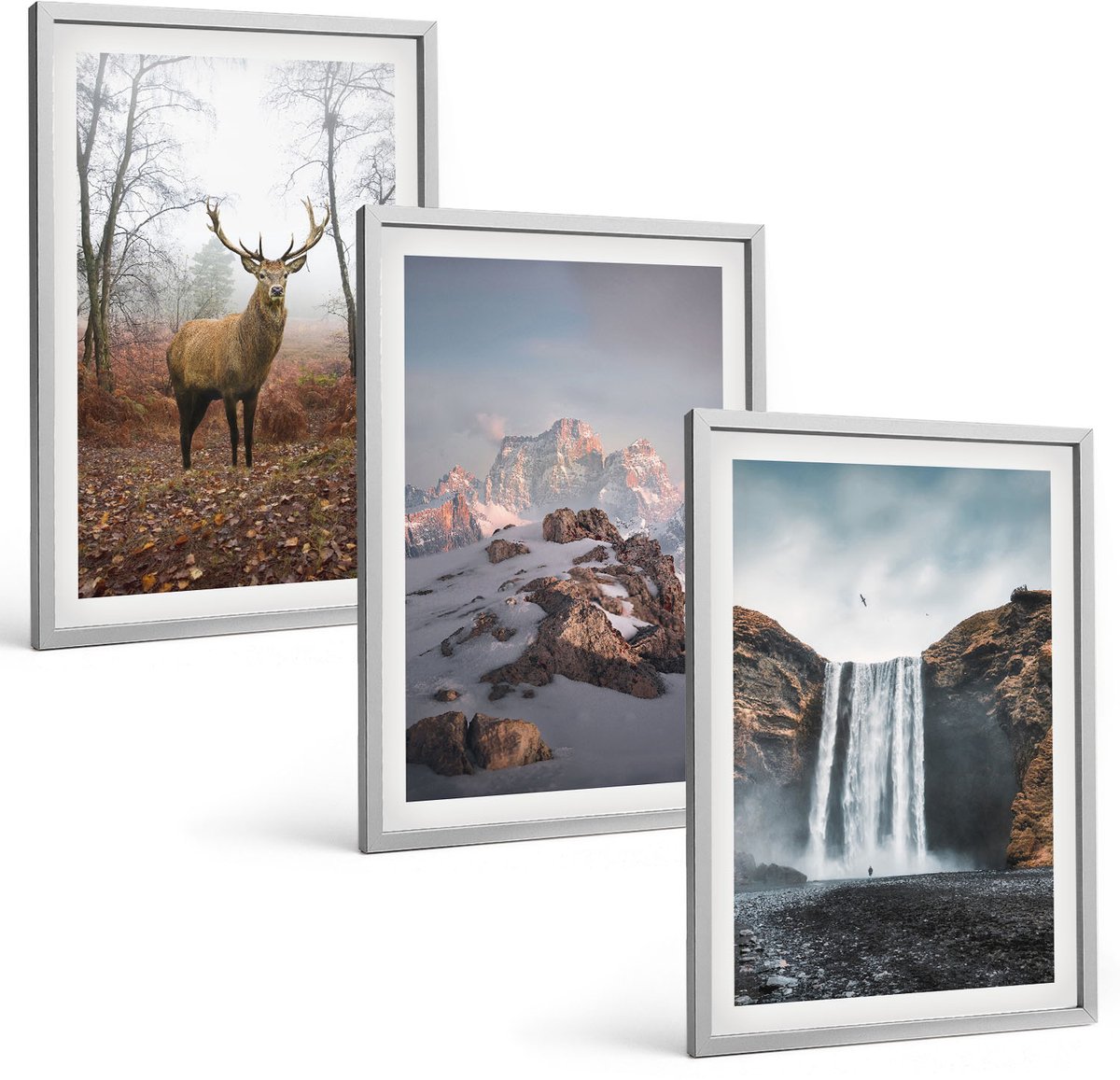 Coloray 3-Delige Schilderij Set - Natuurlijke, Ongerepte Landschappen, Bergen, Herten En Watervallen. - 40 x 60 cm - Moderne Wanddecoratie - Slaapkamer