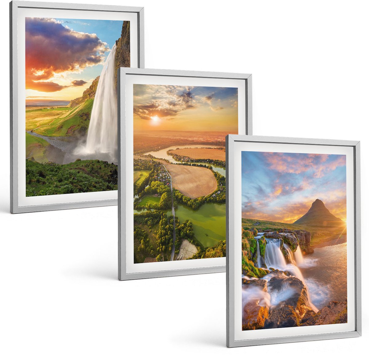 Coloray 3-Delige Schilderij Set - Watervallen, Berglandschappen En Rivieren Bij Zonsondergang - 40 x 60 cm - Wanddecoratie - Schilderijen Set - Kantoor - Stijlvolle Muurdecoratie