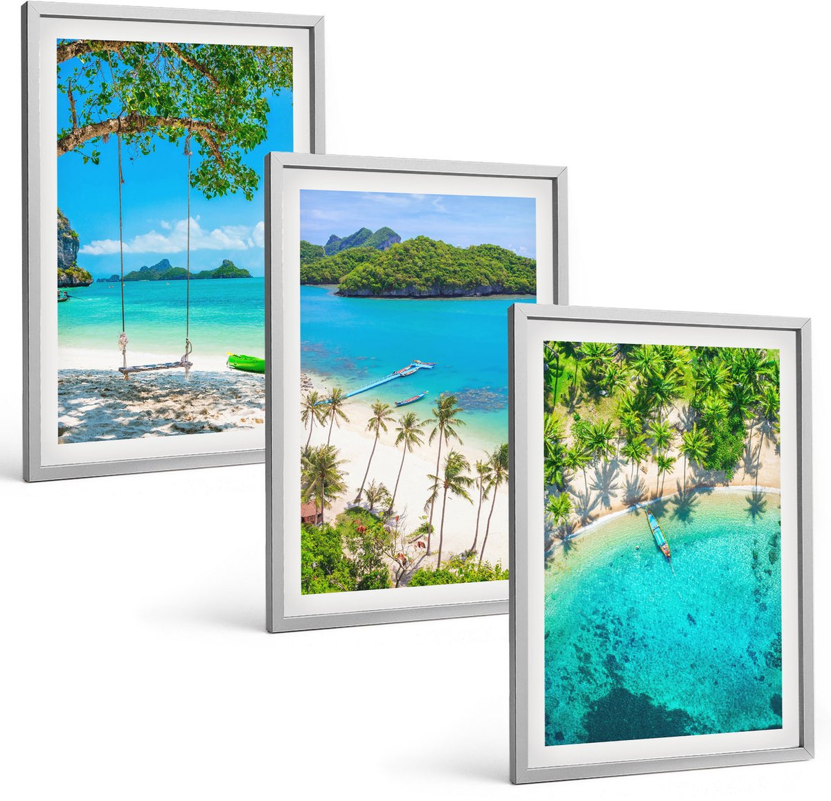 Coloray 3-Delige Schilderij Set - Tropische Stranden Met Palmbomen En Kristalhelder Water. - 40 x 60 cm - Muurdecoratie - Schilderijen Set - Woonkamer - Wanddecoratie
