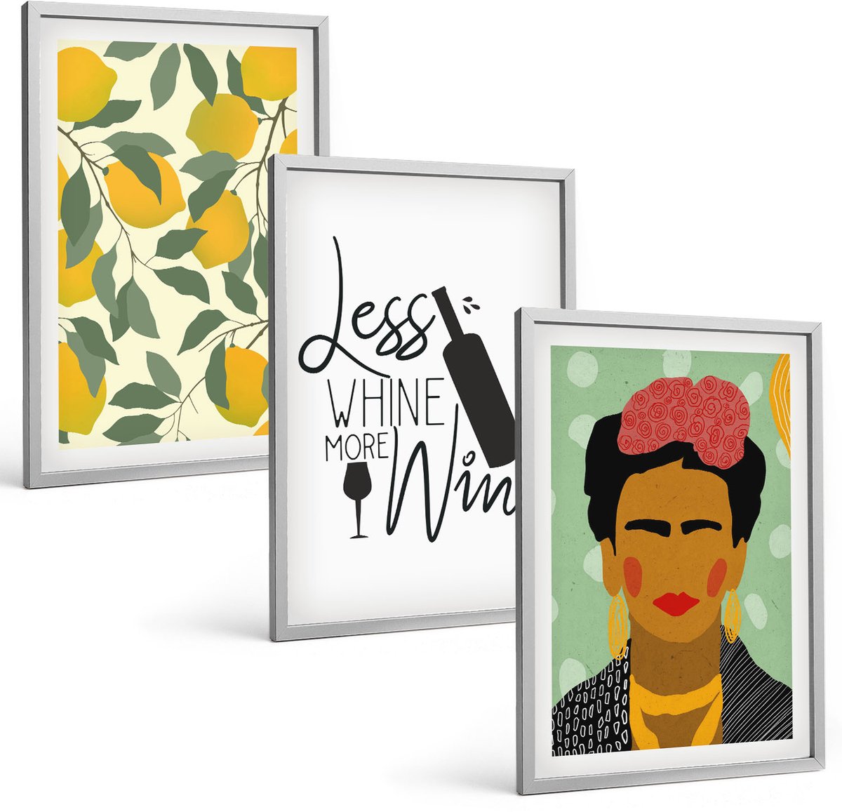 Coloray 3-Delige Schilderij Set - Citroenen Wachtwoord Over Wijn Portret Van Frida Kahlo - 40 x 60 cm - Muurdecoratie - Decoratieve Schilderijen - Wohnzimmer