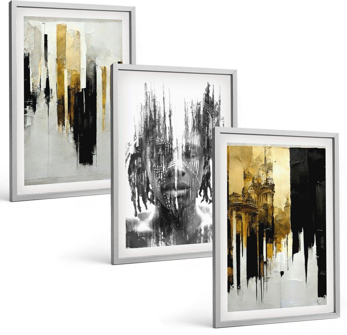Coloray 3-Delige Schilderij Set - Contrasterende Abstracties Met Portret En Architectuur - 40 x 60 cm - Wanddecoratie - Woonkamer Decoratie