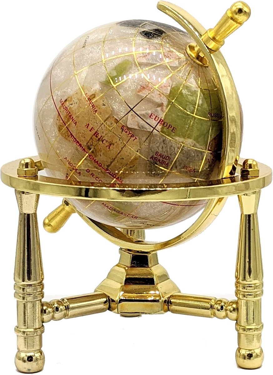 Kunst 15,2 cm hoge parel werveling oceaan mini tafelblad edelsteen wereldbol met gouden statief