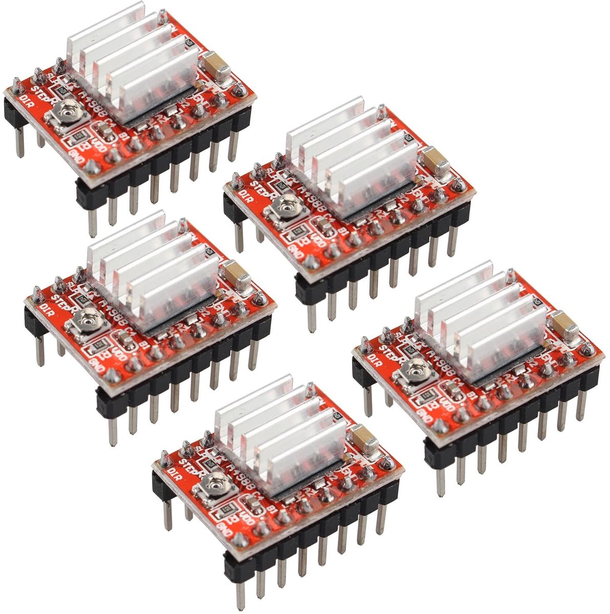 5 stuks A4988 Stepstick Stepper Motor Driver Module + Koellichaam Compatibel met RepRap 3D-printer