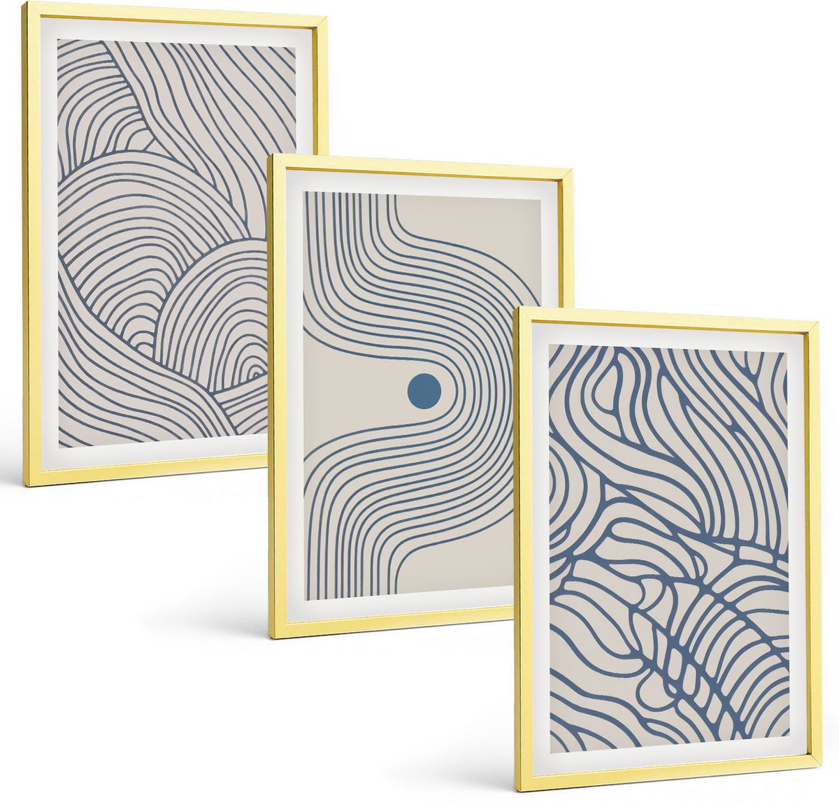 Coloray 3-Delige Schilderij Set - Abstracte Lijnen In Tinten Blauw En Beige. - 40 x 40 cm En 40 x 60 cm - Wanddecoratie - Woonkamer Decoratie - Interieur Decoratie