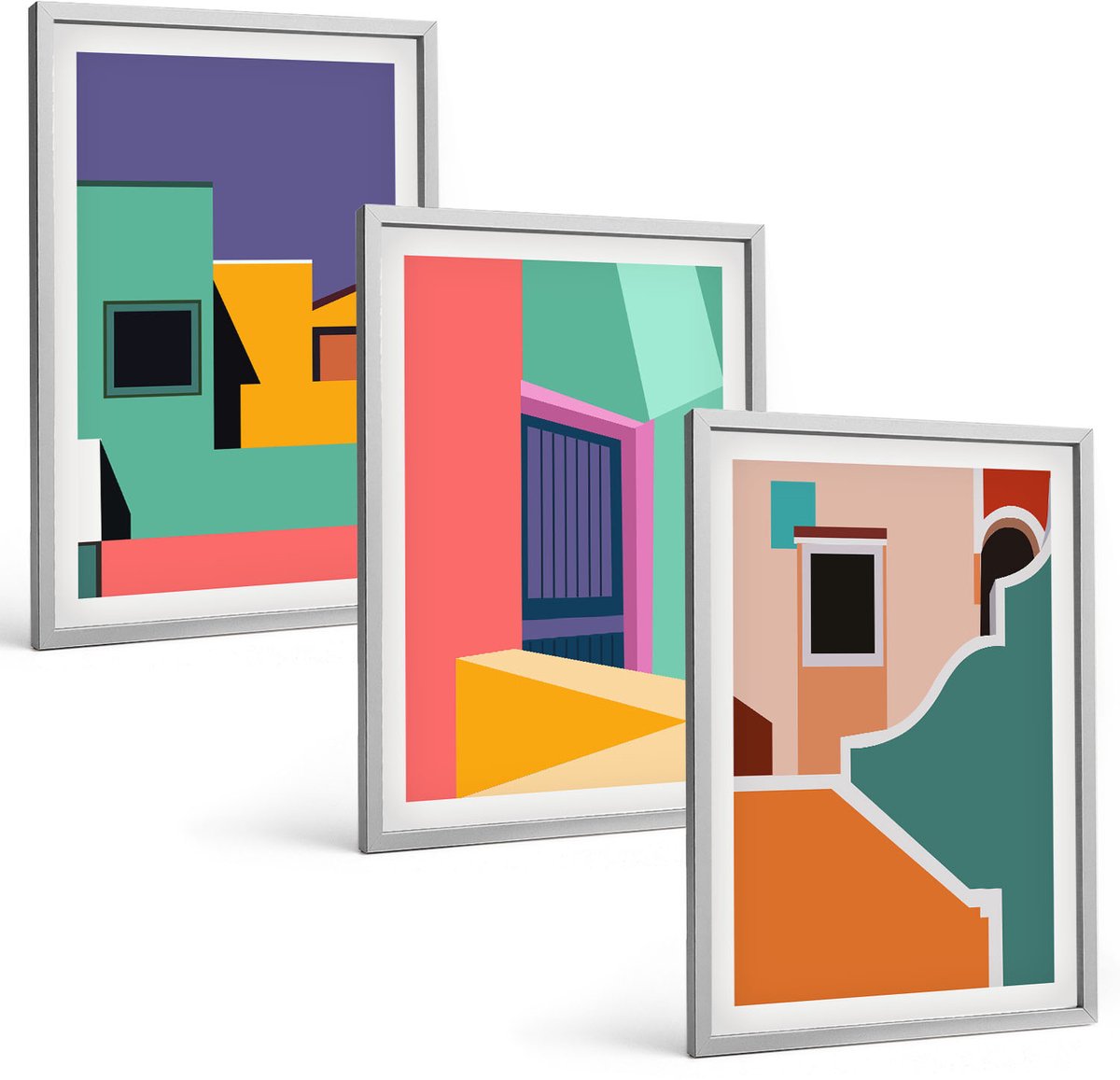 Coloray 3-Delige Schilderij Set - Kleurrijke Stadsgezichten In Een Moderne Stijl. - 40 x 60 cm - Decoratieve Schilderijen - Wanddecoratie - Hal - Stijlvolle Muurdecoratie