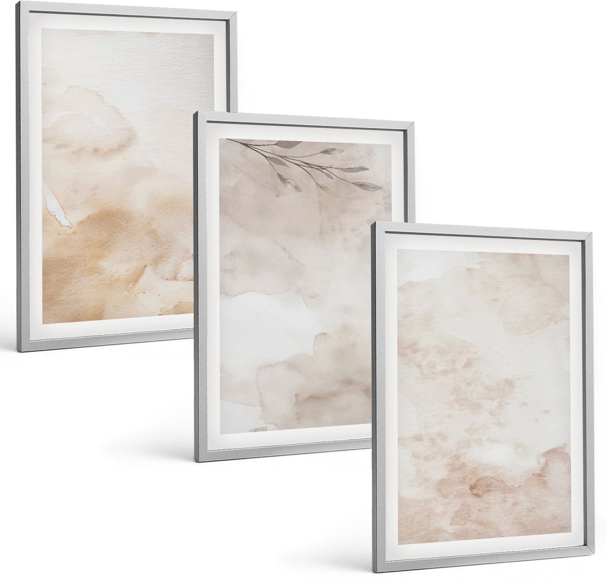 Coloray 3-Delige Schilderij Set - Aquarelvlekken En Bladeren In Pastelkleuren - 40 x 60 cm - Muurdecoratie - Wanddecoratie - Slaapkamer