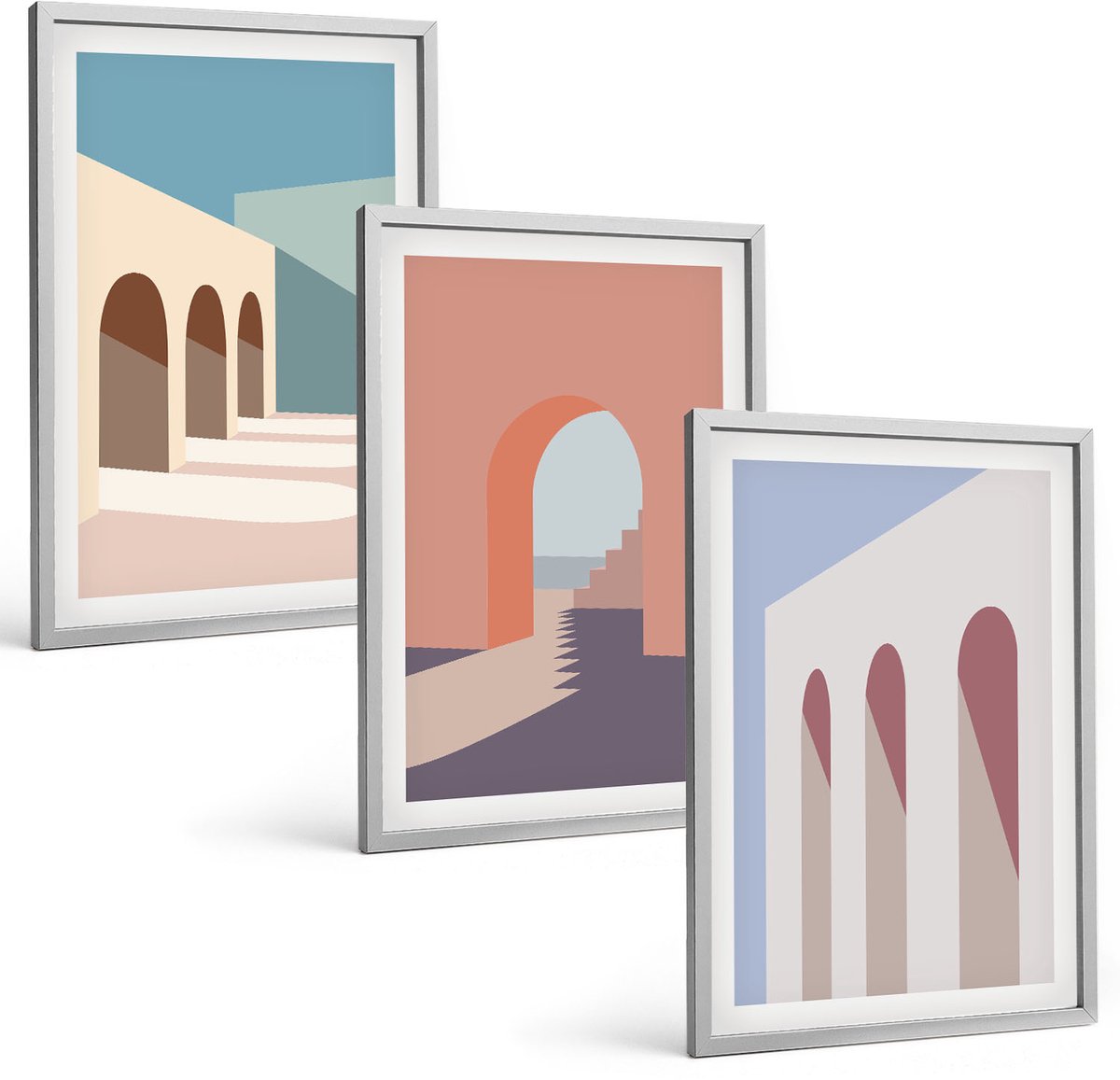 Coloray 3-Delige Schilderij Set - Pastel Minimalistische Stedelijke Architectuurafbeeldingen - 40 x 60 cm - Muurdecoratie - Schilderijen Set - Woonkamer - Decoratieve Schilderijen