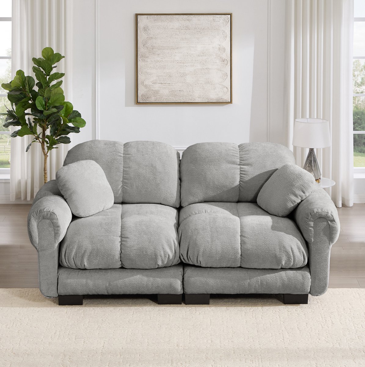 REDOM - Zitbank - 2-zits chenille bank - Modulair ontwerp - Dikke zitkussens met steppatroon - Gebogen rugleuning en armleuningen - Lichtgrijs - 190 x 86 x 90 cm