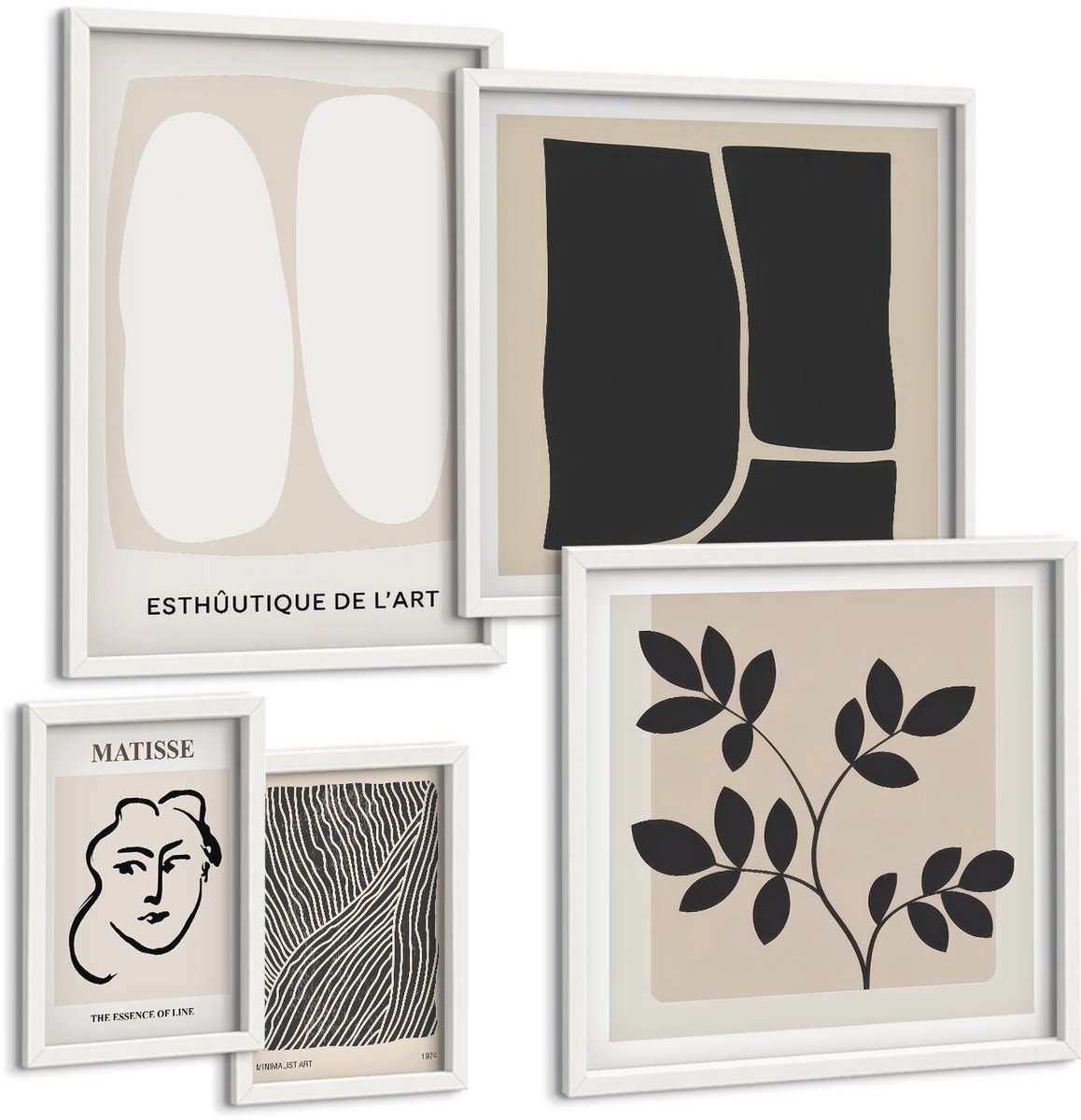 Coloray 5-Delige Schilderij Set - Stijlvolle Graphics In Een Minimalistisch Ontwerp Met Lijnen En Vormen. - 50 x 50 cm, 20 x 30 cm En 40 x 60 cm - Muurdecoratie - Decoratieve Schilderijen - Wohnzimmer