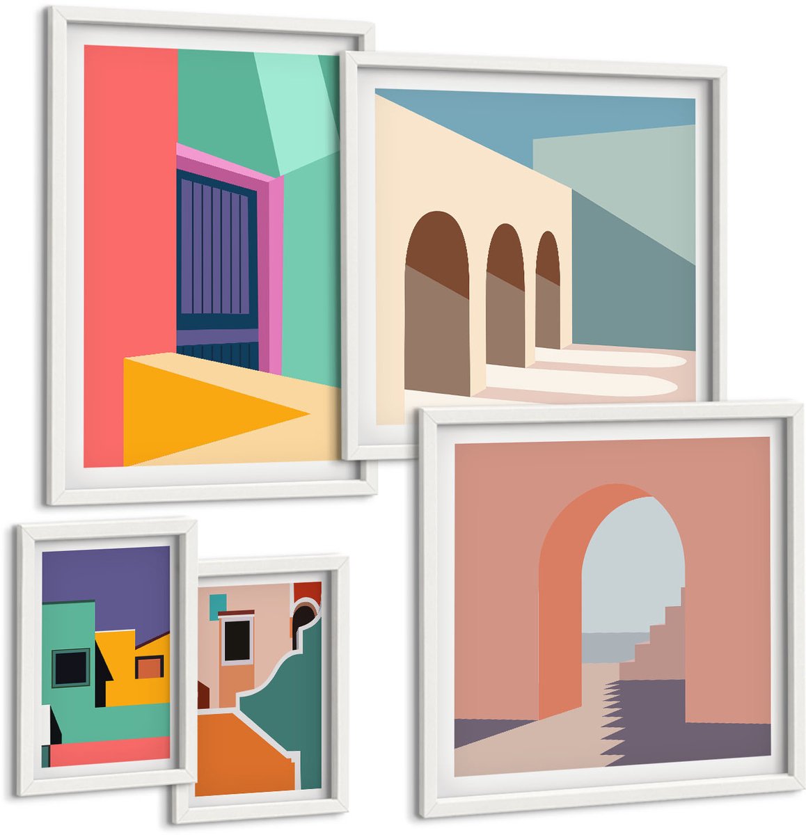 Coloray 5-Delige Schilderij Set - Kleurrijke Stadsgezichten In Een Moderne Stijl. - 50 x 50 cm, 20 x 30 cm En 40 x 60 cm - Muurdecoratie - Wanddecoratie - Hal