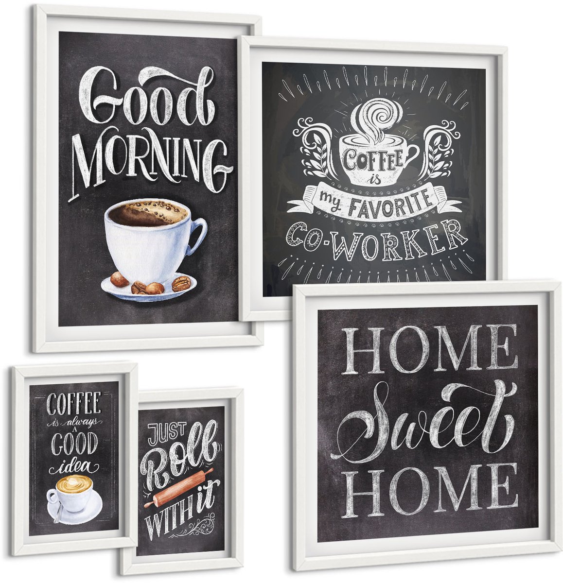 Coloray 5-Delige Schilderij Set - Koffie-Inspiratie In Rustieke Stijl Voor De Keuken - 50 x 50 cm, 20 x 30 cm En 40 x 60 cm - Wanddecoratie - Muurdecoratie - Woonkamer - Decoratieve Schilderijen