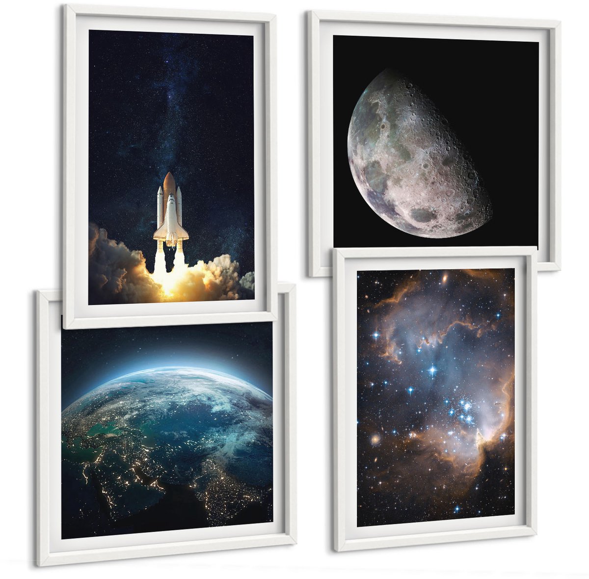 Coloray 4-Delige Schilderij Set - Ruimte Aarde Raket Melkweg Hemel Sterren - 40 x 40 En 40 x 60 - Wanddecoratie - Woonkamer Decoratie - Interieur Decoratie