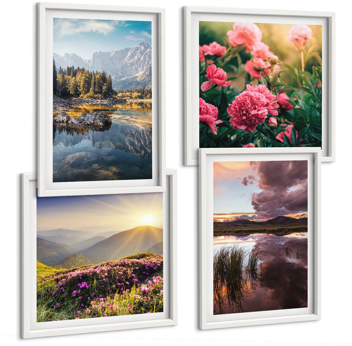 Coloray 4-Delige Schilderij Set - Bloemen In De Tuin, Bergweide, Bos En Op Het Wateroppervlak. - 40 x 40 En 40 x 60 - Wanddecoratie - Moderne Interieurdecoratie - Woonkamer Decoratie