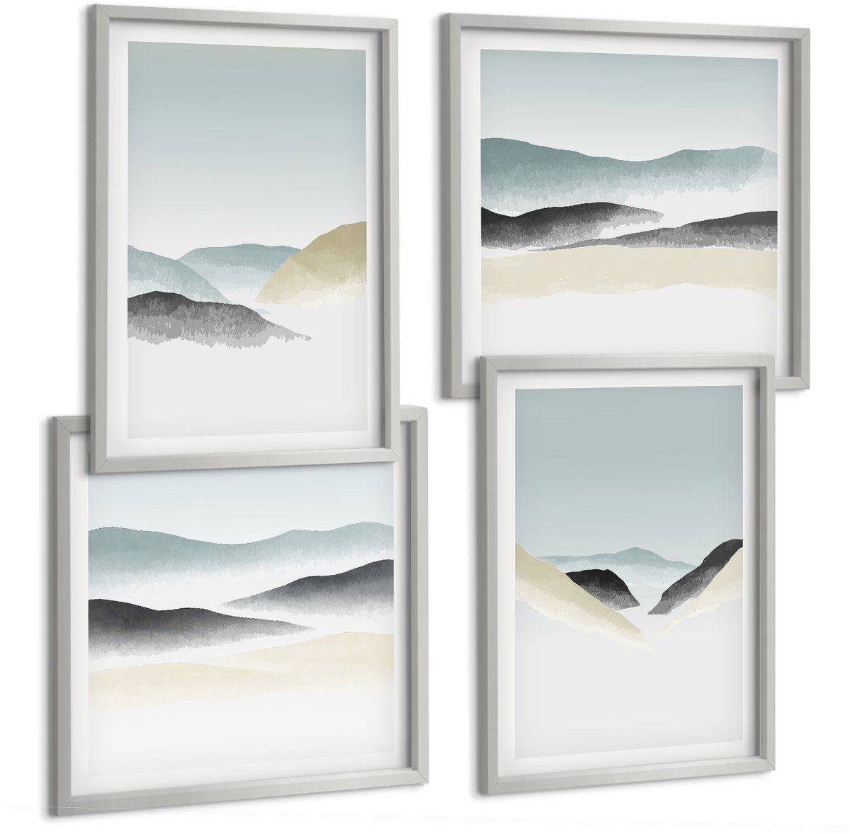 Coloray 4-Delige Schilderij Set - Minimalistische Bergen In Delicate Pasteltinten - 40 x 40 cm En 40 x 60 cm - Decoratieve Muurdecoratie - Slaapkamer - Wanddecoratie