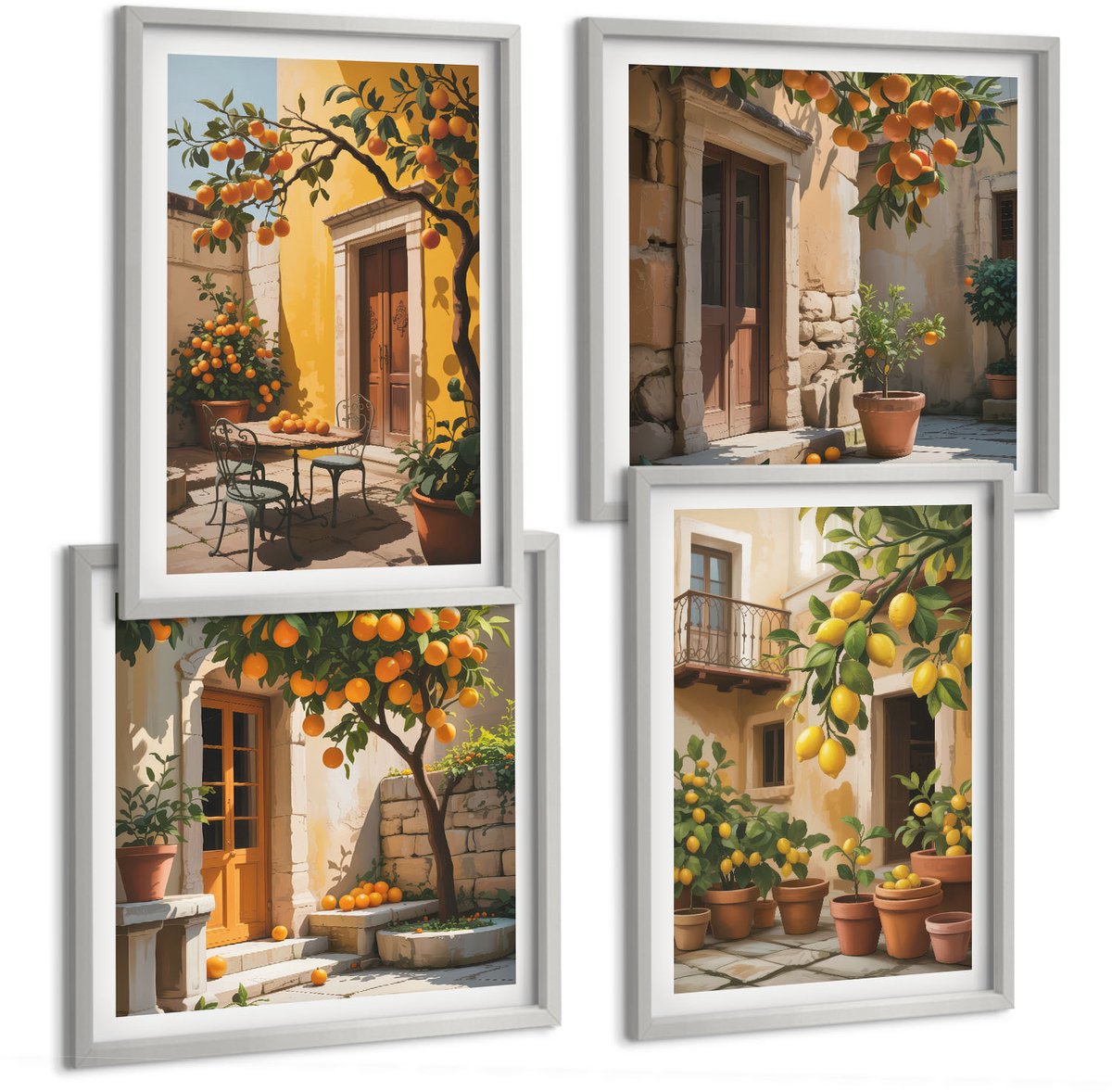 Coloray 4-Delige Schilderij Set - Citrusvruchten In Een Zonnige Binnenplaats Met Planten - 40 x 40 cm En 40 x 60 cm - Muurdecoratie - Decoratieve Schilderijen - Wohnzimmer