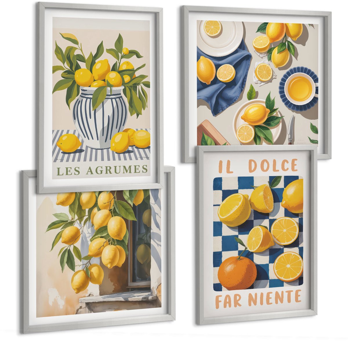 Coloray 4-Delige Schilderij Set - Retro Citrusvruchten Met Gele Accenten - 40 x 40 cm En 40 x 60 cm - Stijlvolle Muurdecoratie - Slaapkamer