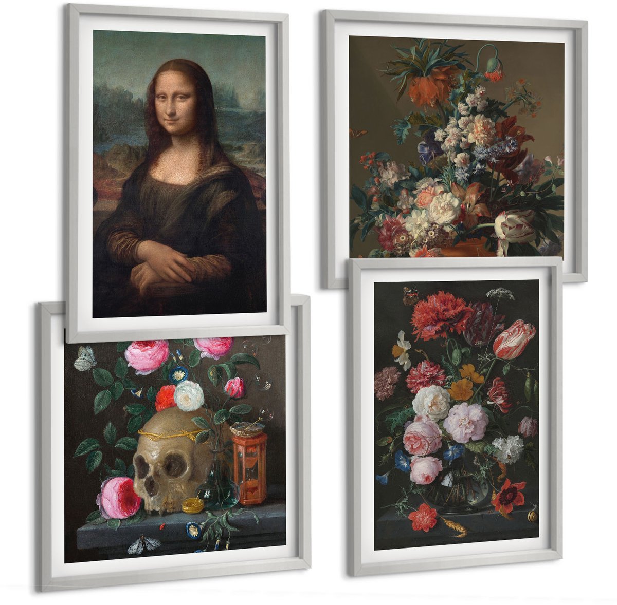 Coloray 4-Delige Schilderij Set - Vintage Bloemen, Schedel En Mona Lisa-Portret Van Leonardo Da Vinci - 40 x 40 cm En 40 x 60 cm - Wanddecoratie - Schilderijen Set - Interieur - Muurdecoratie