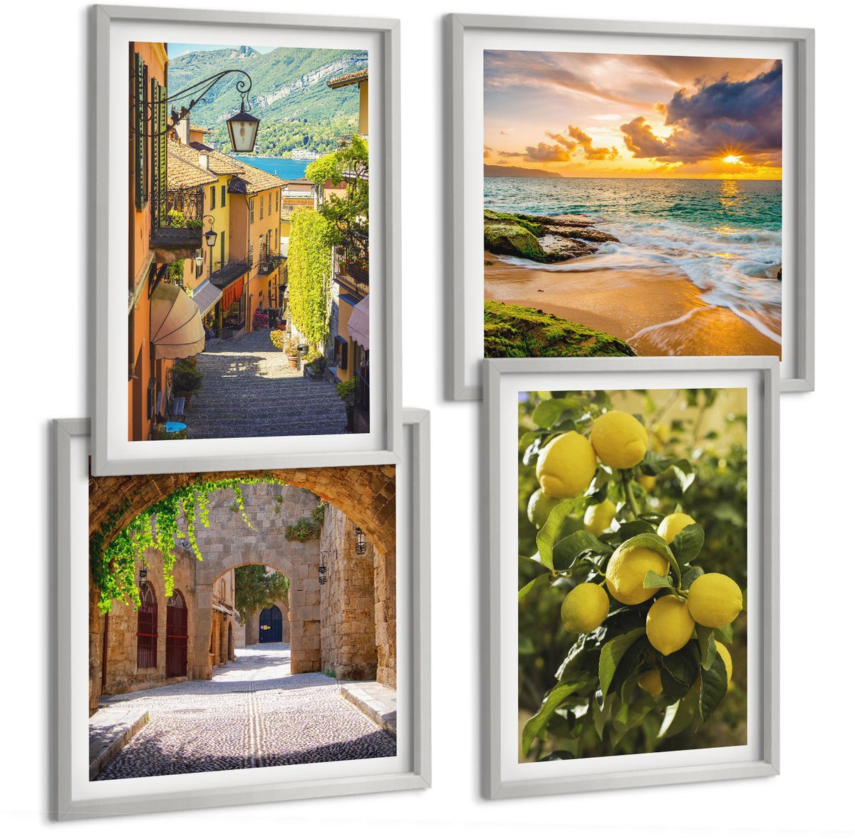 Coloray 4-Delige Schilderij Set - Schilderachtige Straatjes, Zee, Strand En Citrusbomen. - 40 x 40 cm En 40 x 60 cm - Muurdecoratie - Wanddecoratie - Hal