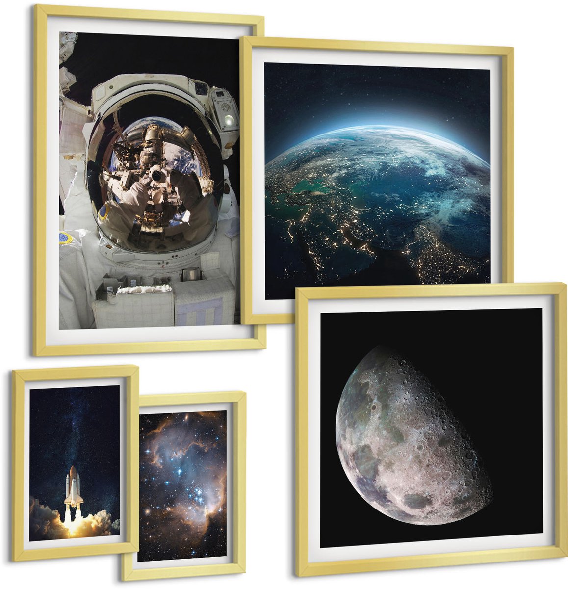 Coloray 5-Delige Schilderij Set - Ruimteverkenning Met Astronaut En Planeten - 50 x 50 cm, 20 x 30 cm En 40 x 60 cm - Decoratieve Schilderijen - Woonkamer - Interieur - Interieur Decoratie