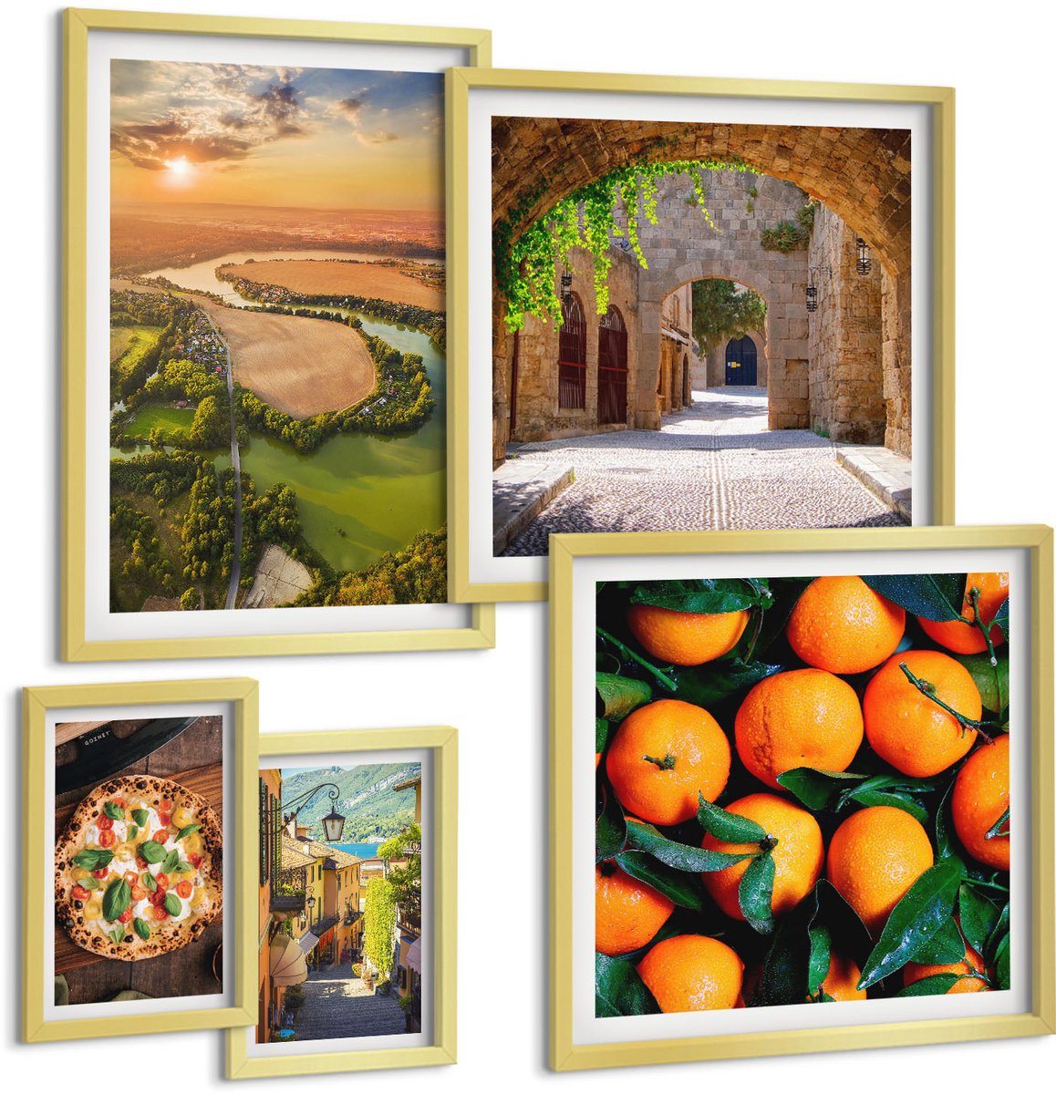 Coloray 5-Delige Schilderij Set - Natuurlandschappen Met Uitzicht Op Italiaanse Smaken - 50 x 50 cm, 20 x 30 cm En 40 x 60 cm - Muurdecoratie - Wanddecoratie - Hal - Moderne Wanddecoratie