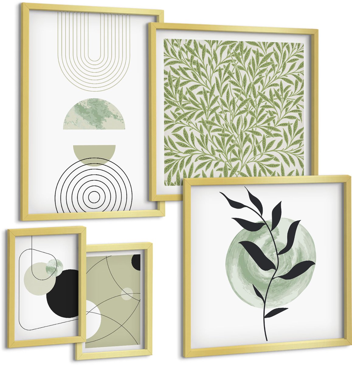 Coloray 5-Delige Schilderij Set - Abstracte Composities Met Geometrische Vormen En Vegetatie. - 50 x 50 cm, 20 x 30 cm En 40 x 60 cm - Wanddecoratie - Muurdecoratie - Moderne Interieurdecoratie - Interieur Decoratie