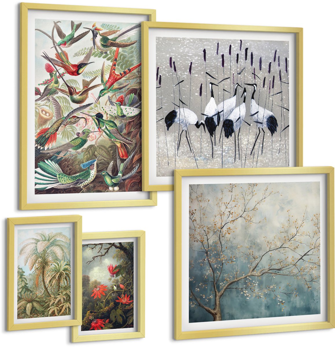 Coloray 5-Delige Schilderij Set - Tropische Vogels En Planten In Vintage Stijl - 50 x 50 cm, 20 x 30 cm En 40 x 60 cm - Wanddecoratie - Moderne Interieurdecoratie - Muurdecoratie