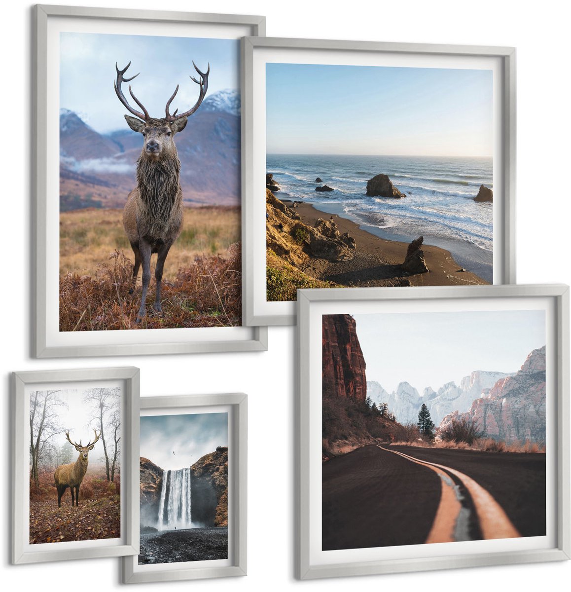 Coloray 5-Delige Schilderij Set - Berglandschappen Met Waterval, Herten En Strand - 20 x 30 cm - Stijlvolle Muurdecoratie - Kantoor - Decoratieve Schilderijen