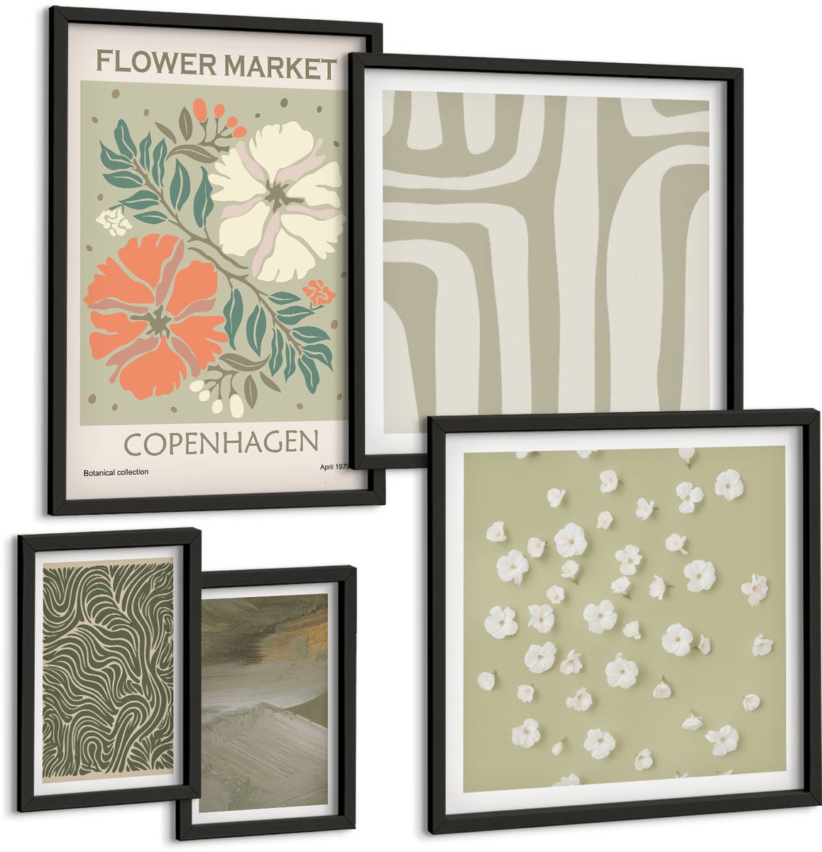 Coloray 5-Delige Schilderij Set - Bloemmotieven En Abstracte Patronen In Boho-Stijl - 50 x 50 cm, 20 x 30 cm En 40 x 60 cm - Wanddecoratie - Muurdecoratie - Woonkamer