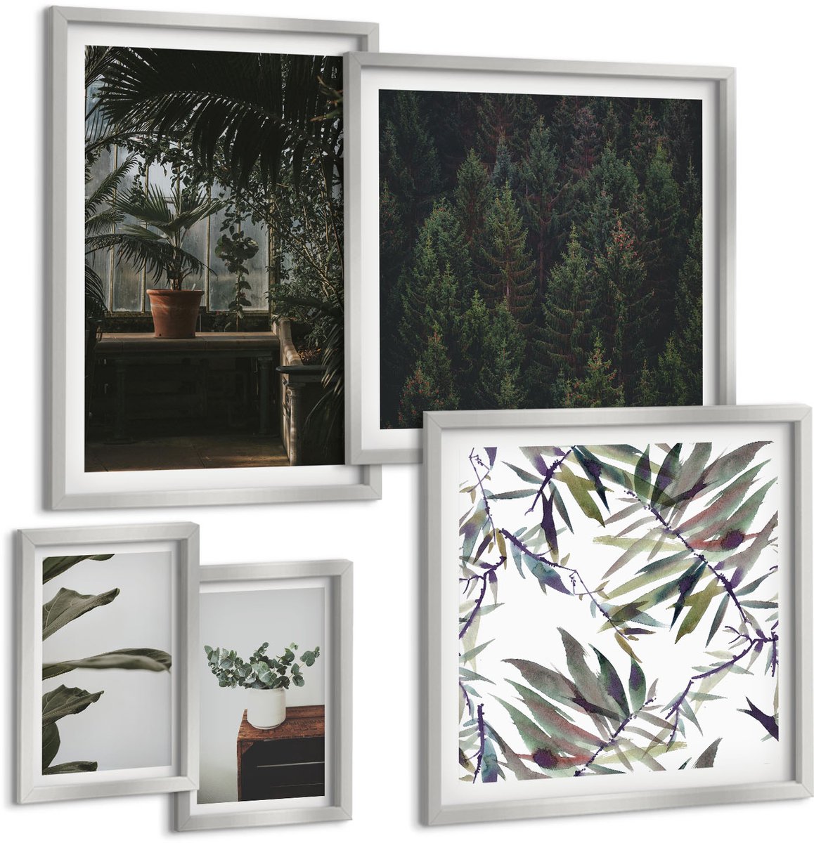 Coloray 5-Delige Schilderij Set - Brug In Het Bos, Meer Met Boten, Uitzicht Op De Bergen - 20 x 30 cm - Wanddecoratie - Schilderijen Set - Kantoor - Interieur Decoratie