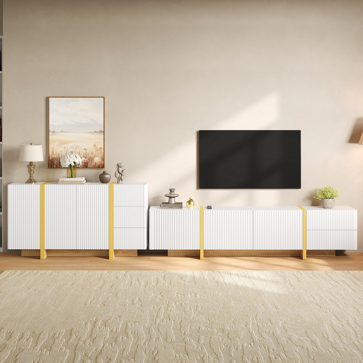 REDOM- TV lowboard set - Rillenfront - Grifflos - Moderne stijl - Woonkamer - MDF en spaanplaat - Wit - 190 x 35 x 45 cm