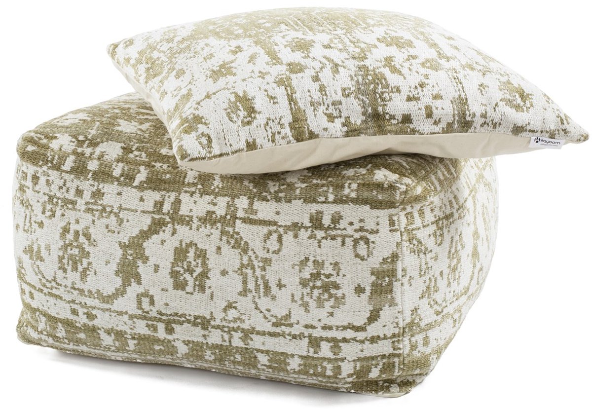 Padiro poef met zitkussen 80 x 80 x 40 cm - crème en olijfgroen - stoffen bekleding - handgemaakt met vintagepatroon