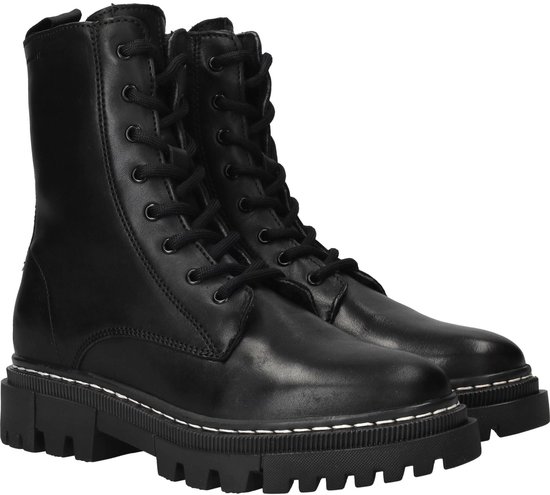Zwarte Tamaris dames veterlaarzen met dikke profielzolen en witte stiksels, gedetailleerde weergave.