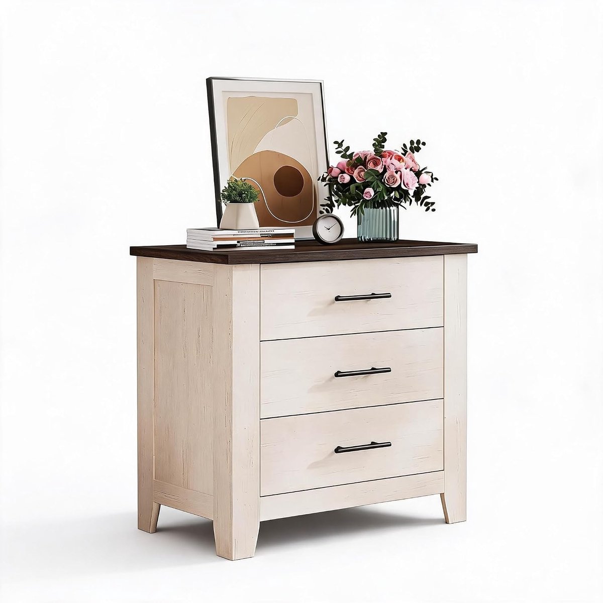 Nachtkastje met 3 lades, 70 x 40 x 75 cm – wit met donker blad – zwarte metalen handgrepen – landelijke stijl – opbergkast voor slaapkamer en woonkamer