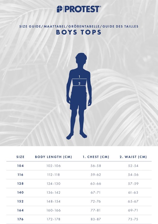 Maattabel voor jongens tops met maten voor lichaamslengte, borst en taille.