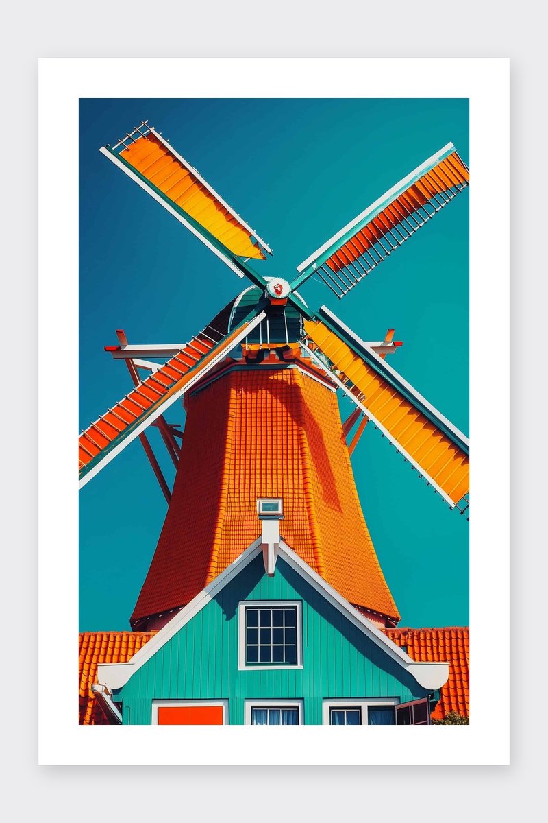 Molen Poster - Nederland - Stedelijk - Natuur - Zonnige - Reis - Windmolen - Cultuur - posters - formaat 30x40cm - Wanddecoratie - BXS4403KMD - Met kader - passe-partouts stijl