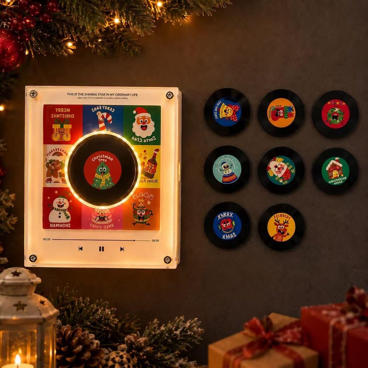 Muziekdoosje met koelkastmagneet - Kerstmuziekdoos - Met 9 NFC Mini Vinylplaten - Muziekdoos - Draagbare Speaker - CD Speler - USB C oplaadbaar - 128 MB - Kerstdecoratie - Perfect cadeau voor kerst en verjaardag