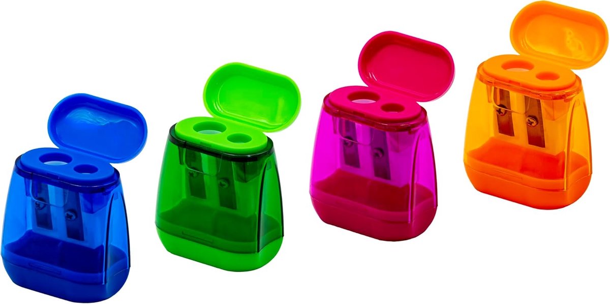 TSI Set van 4 dubbele puntenslijpers, aan beide zijden afsluitbaar, in de kleuren roze, groen, blauw en oranje - ShopVlot
