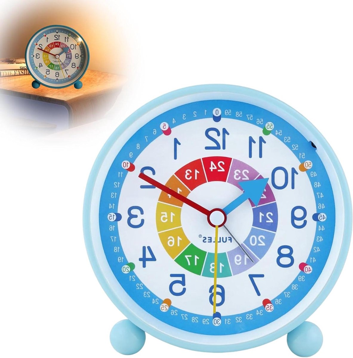 Kinderwekker Analoog - Stille Wekker - Tijd Leren - Zonder Tikken Nachtlampje - 11.5 cm Doorsnee - Blauw