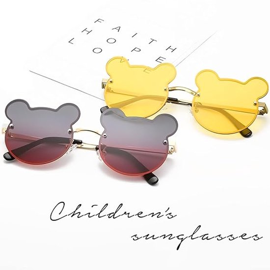 Leuke zonnebril met beertje Geschikt voor kinderen, unisex, UV400, glazen met kleurverloop, metalen montuur, ronde bril met berenoortjes, anti-reflecterend, perfect Geschikt voor strand- en buitenfotografie (geel). — afbeelding 3
