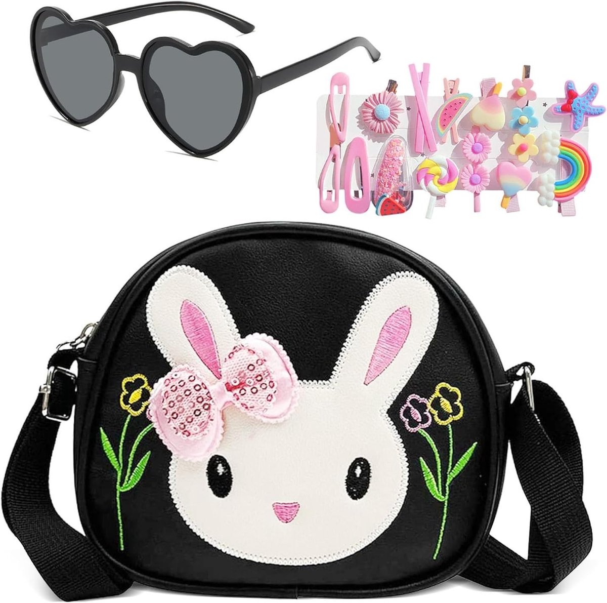 Schattige meisjeshandtas met 1 zonnebril en 14 haarspeldjes - PU leren konijnen mini tas voor kinderen