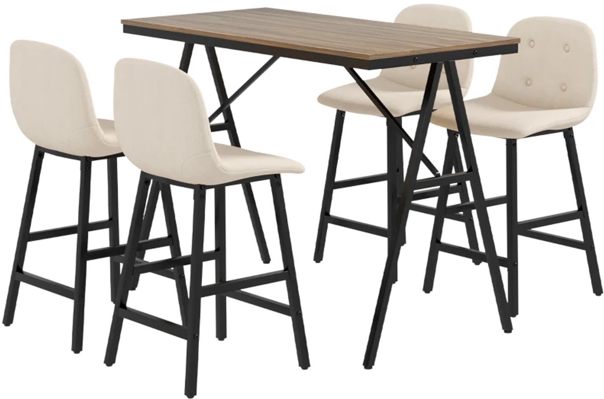 Eethoek - 5-delige Barset - Tafel Met 4 Stoelen - Knoopstiksel - Dikke Vulling - Linnenlook - Beige