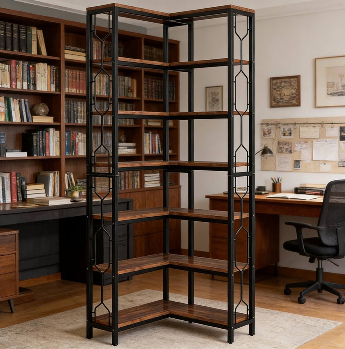 MODFU - Hoekboekenkast - Industrieel - Open Kast - Zwart Bruin - 200 Cm