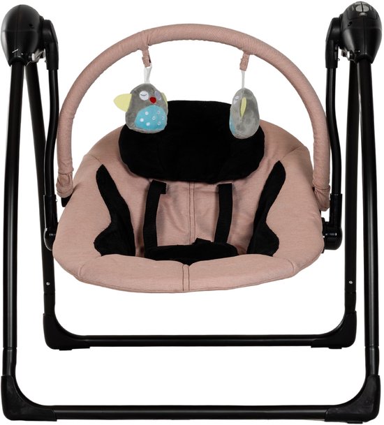 Babyschommelstoel met roze stof, zwart frame, en twee speelgoed-uiltjes aan een boog.