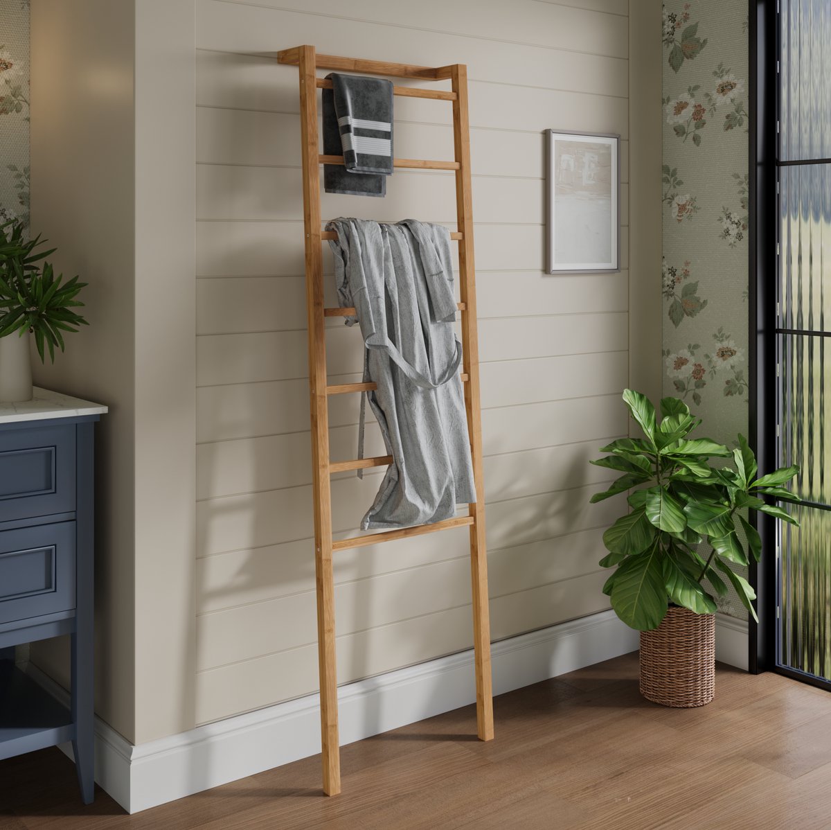 REDOM - Kledingrek - 7 sporten - Leunend ontwerp - Zonder boren - Scandinavische stijl - Badkamer, slaapkamer, hal en woonkamer - Bamboe - Natural - 172,7 x 50 x 22,9 cm