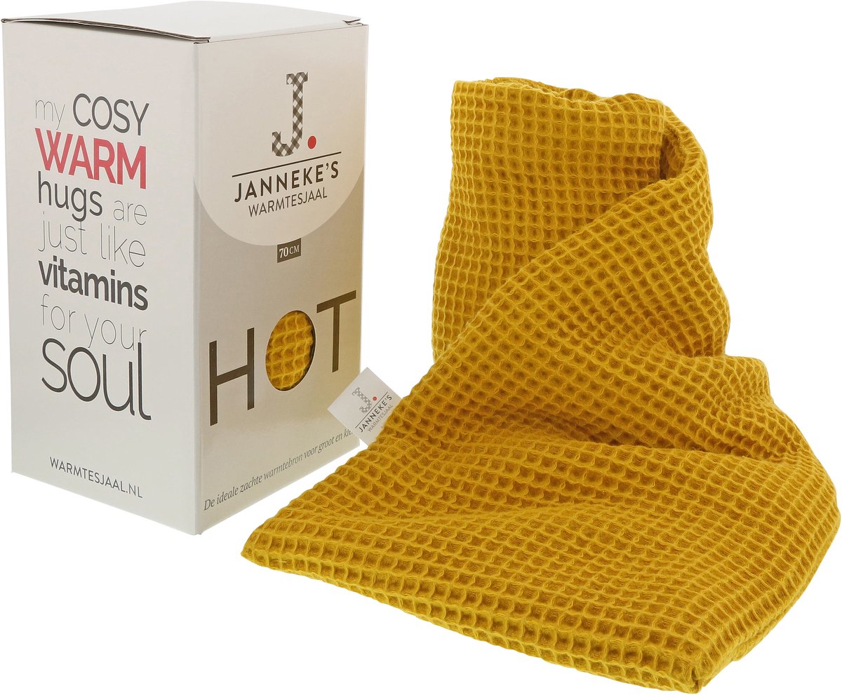 Janneke’s Warmtesjaal® warmtekussen magnetron - pittenzak - zacht biologisch lijnzaad - extra lang - 70x20 cm - wasbare hoes - kwaliteit uit NL - kleur okergeel